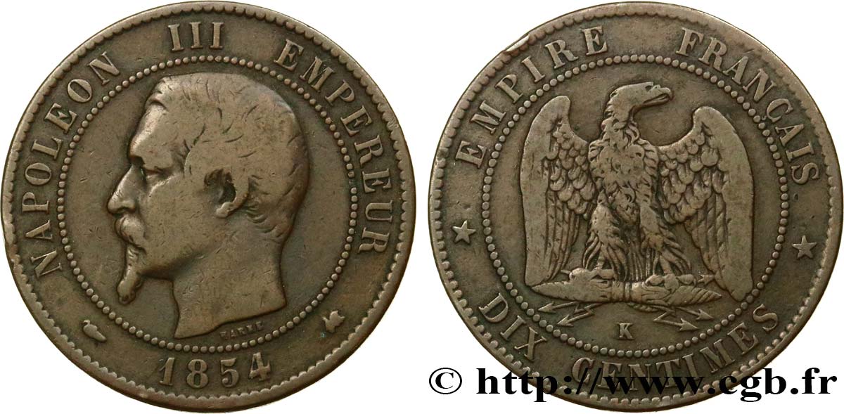 Dix centimes Napoléon III, tête nue 1854 Bordeaux F.133/16 TB20 