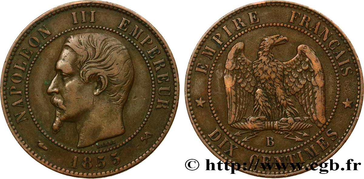 Dix centimes Napoléon III, tête nue 1855 Rouen F.133/21 BB40 