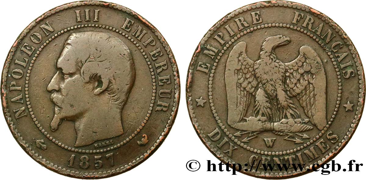 Dix centimes Napoléon III, tête nue 1857 Lille F.133/46 BC15 