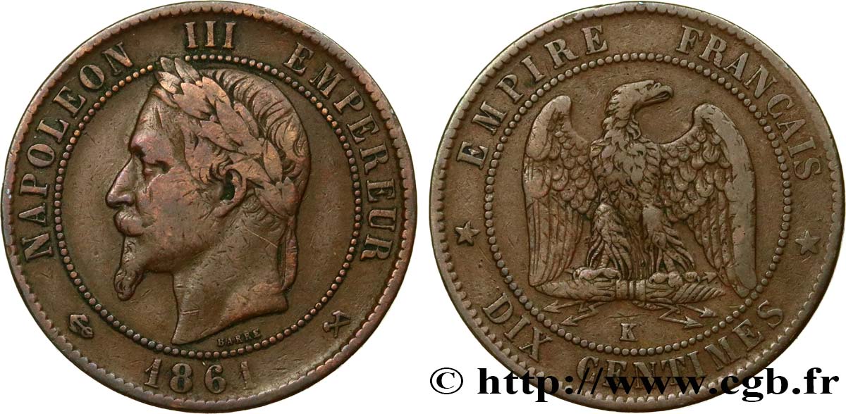 Dix centimes Napoléon III, tête laurée 1861 Bordeaux F.134/6 MB35 