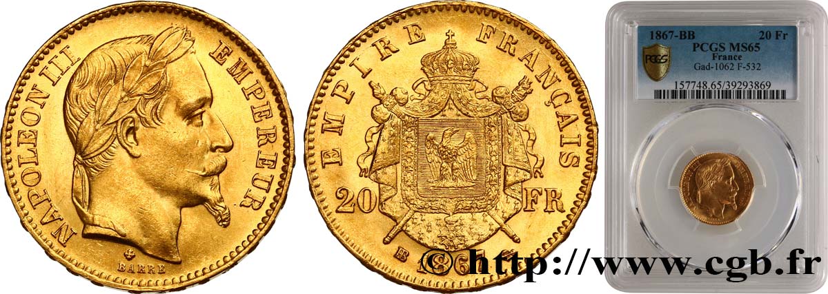 20 francs or Napoléon III, tête laurée 1867 Strasbourg F.532/16 MS65 PCGS