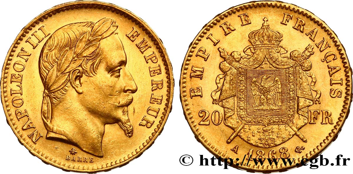 20 francs or Napoléon III, tête laurée 1868 Paris F.532/18 SPL58 