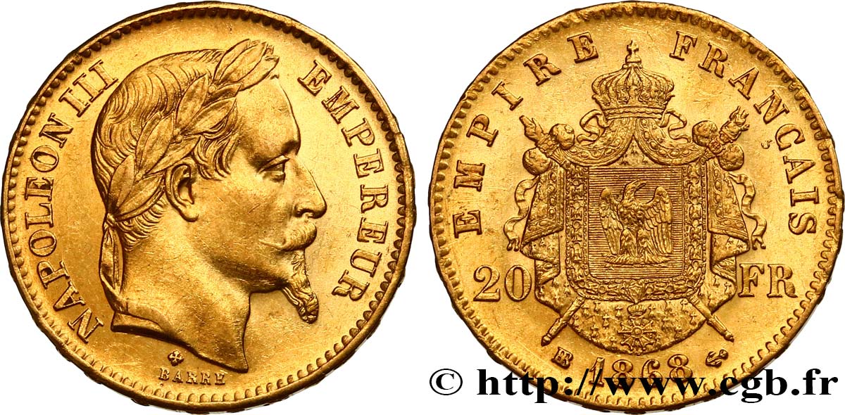 20 francs or Napoléon III, tête laurée 1868 Strasbourg F.532/19 AU 