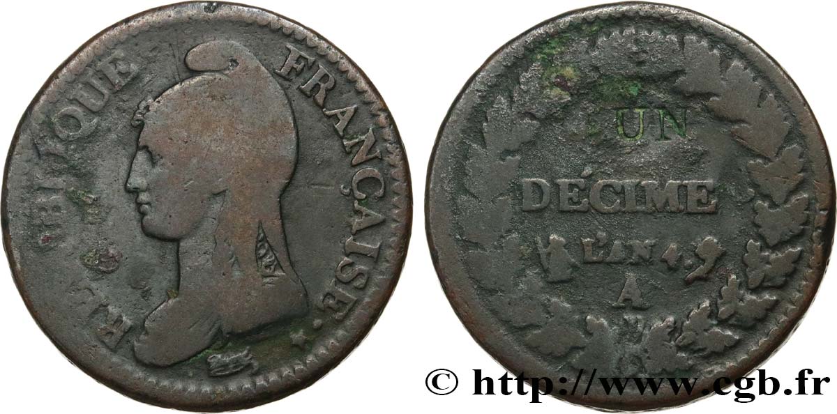 Un décime Dupré, modification du 2 décimes 1796 Paris F.127/1 TB15 
