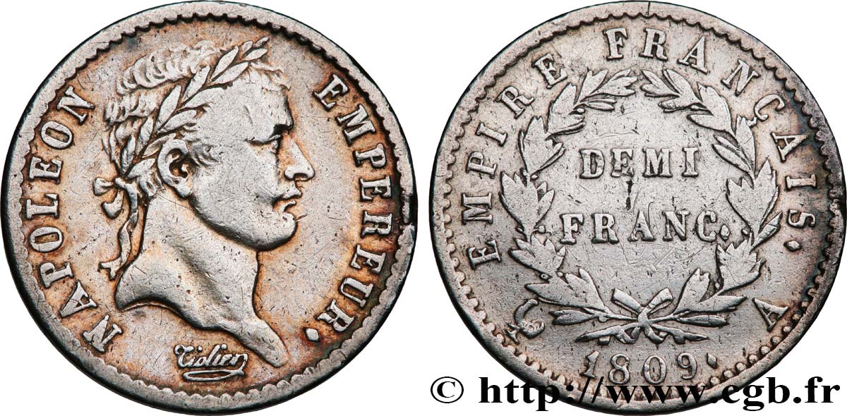 Demi-franc Napoléon Ier tête laurée, Empire français 1809 Paris F.178/1 VF 
