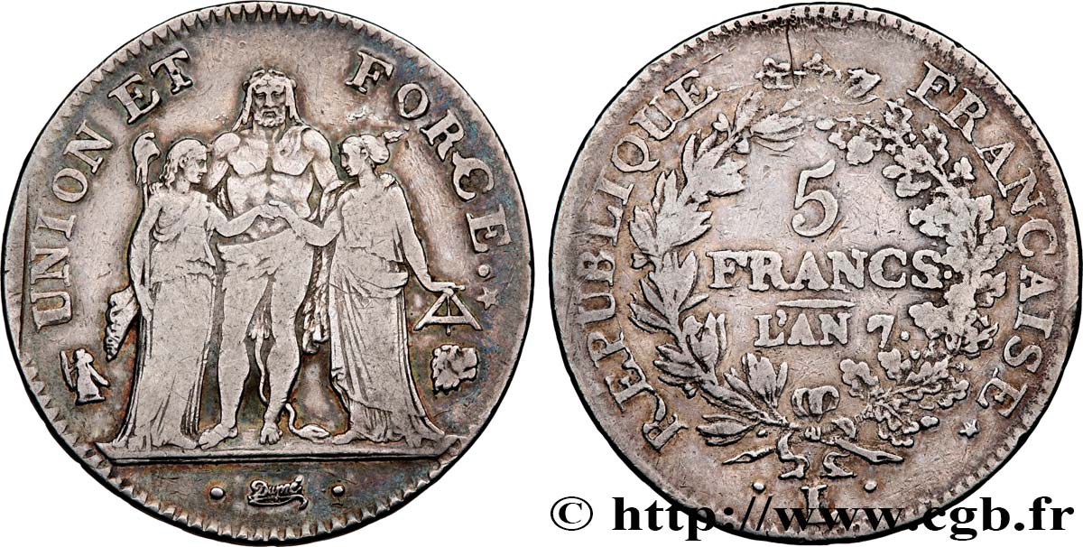 5 francs Union et Force, Union desserré, avec glands intérieurs et gland extérieur 1799 Bayonne F.291/26 VF35 