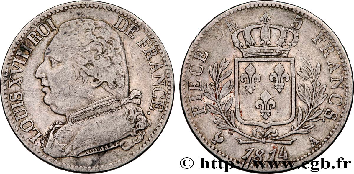 5 francs Louis XVIII, buste habillé 1814 Paris F.308/1 BC35 