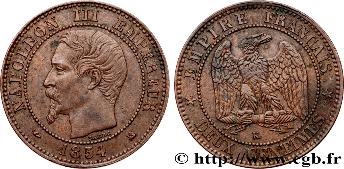 Deux centimes Napoléon III, tête nue 1854 Bordeaux F.107/16 BB50 