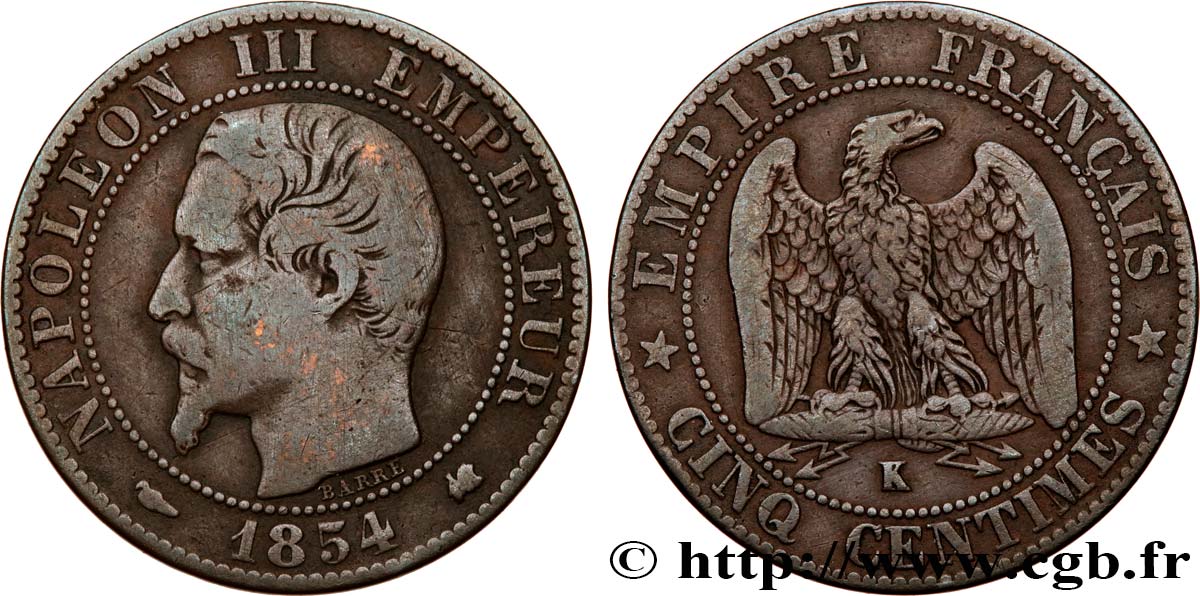 Cinq centimes Napoléon III, tête nue 1854 Bordeaux F.116/13 VF20 