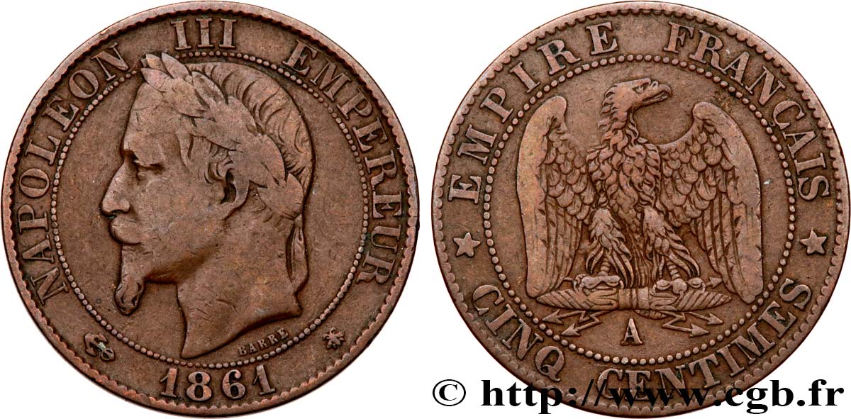 Cinq centimes Napoléon III, tête laurée 1861 Paris F.117/4 S20 