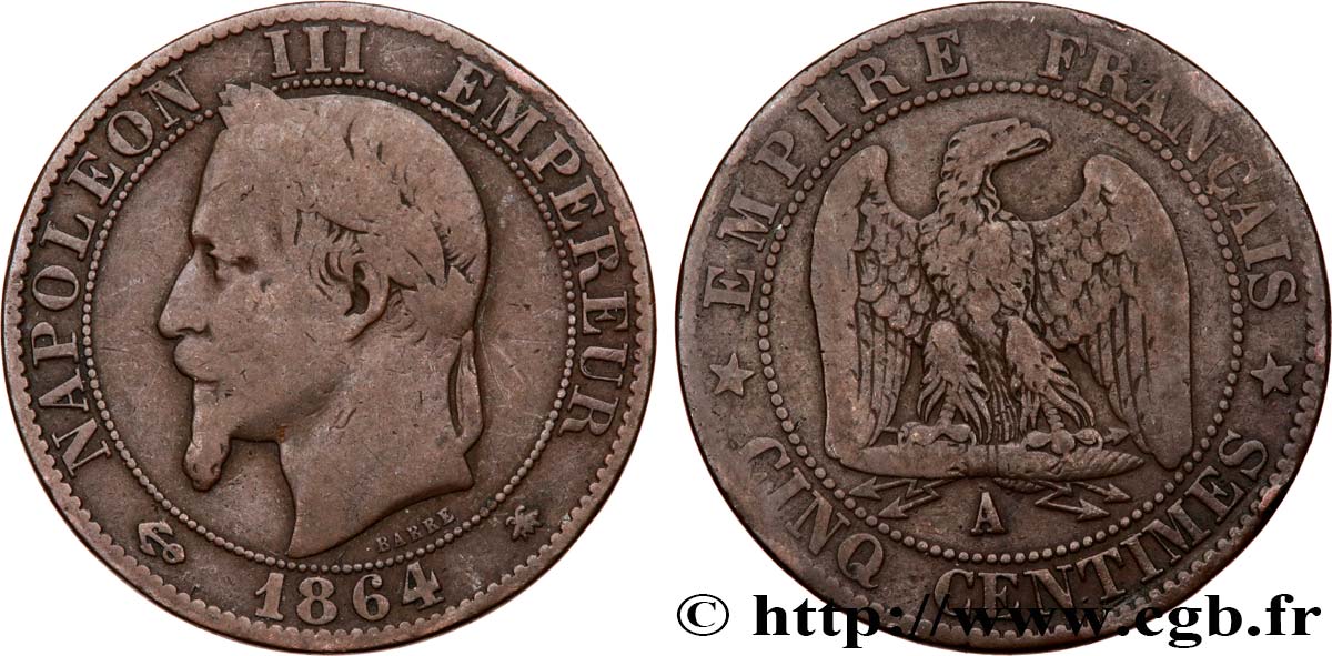 Cinq centimes Napoléon III, tête laurée 1864 Paris F.117/13 BC15 