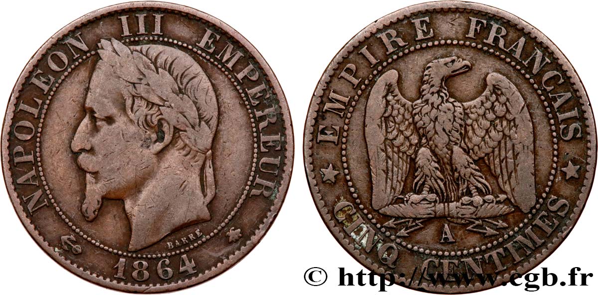 Cinq centimes Napoléon III, tête laurée 1864 Paris F.117/13 VF25 