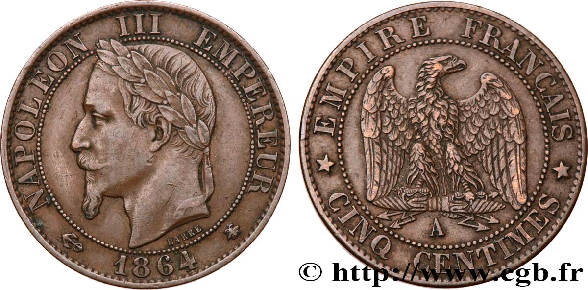 Cinq centimes Napoléon III, tête laurée 1864 Paris F.117/13 BB45 