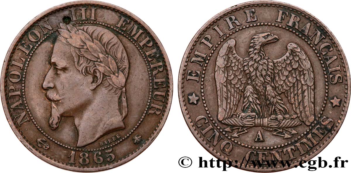 Cinq centimes Napoléon III, tête laurée 1865 Paris F.117/16 TB+ 