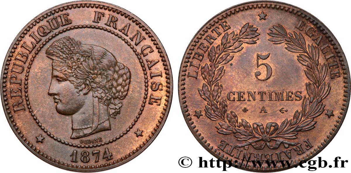 5 centimes Cérès 1874 Paris F.118/9 EBC62 