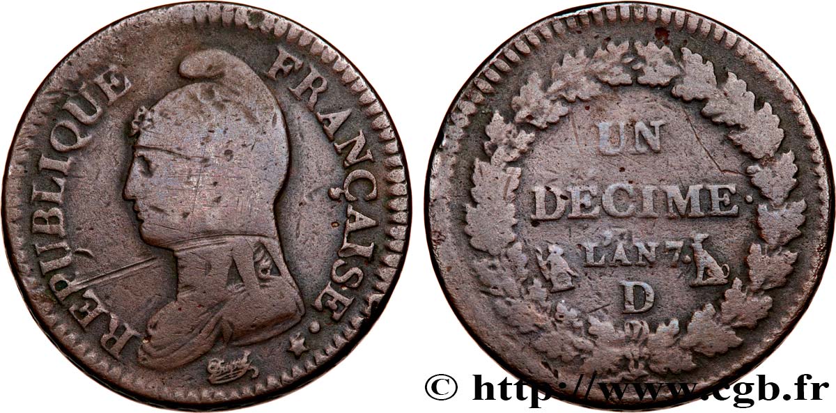 Un décime Dupré, grand module 1799 Lyon F.129/40 F15 