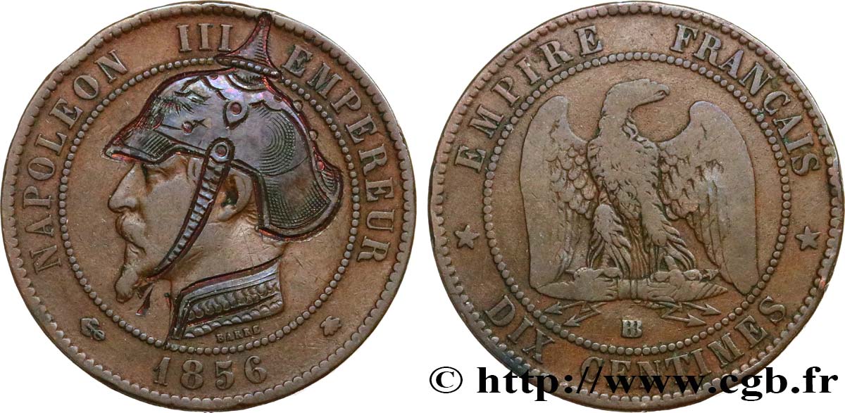 Dix centimes Napoléon III, tête nue, satirique 1853 Strasbourg F.133/4 var. TB 