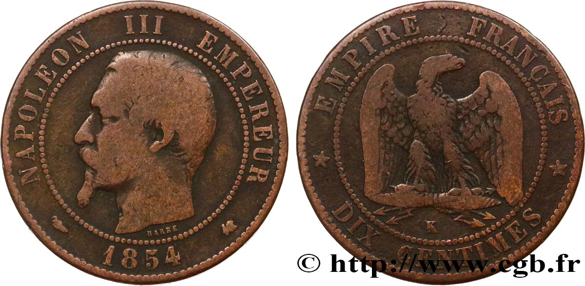 Dix centimes Napoléon III, tête nue 1854 Bordeaux F.133/16 BC15 