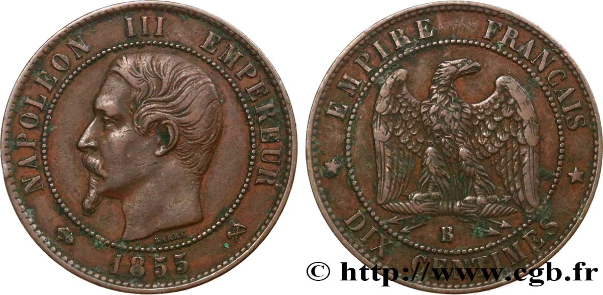 Dix centimes Napoléon III, tête nue 1855 Rouen F.133/22 MBC45 