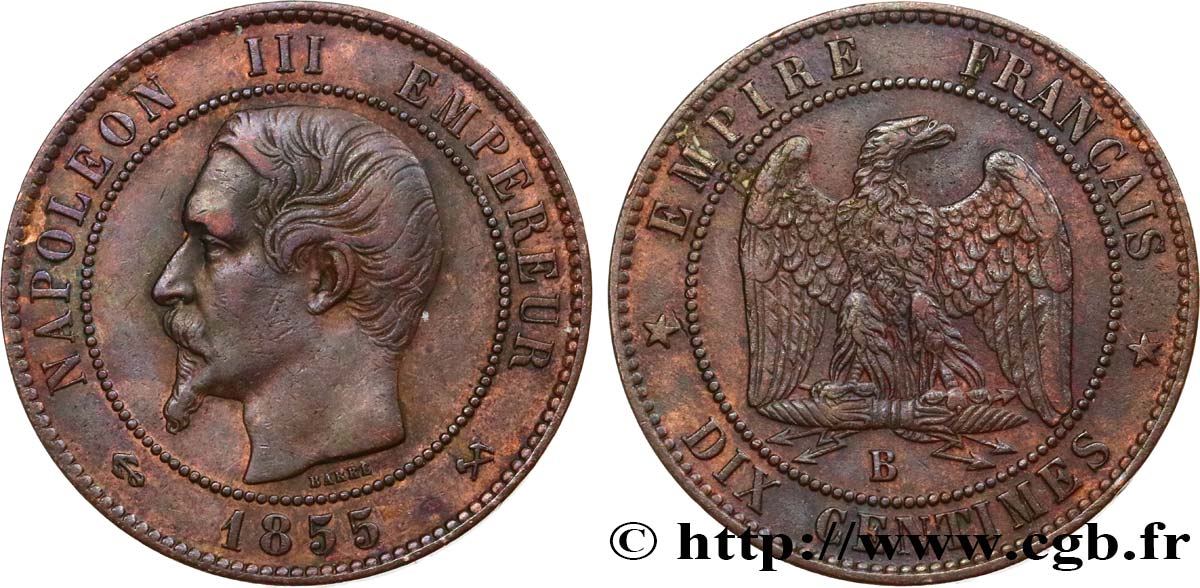 Dix centimes Napoléon III, tête nue 1855 Rouen F.133/22 AU50 