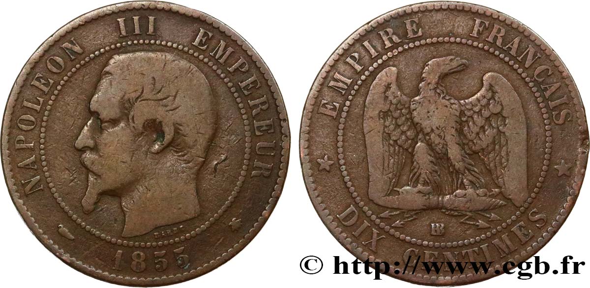 Dix centimes Napoléon III, tête nue 1855 Strasbourg F.133/23 MB15 