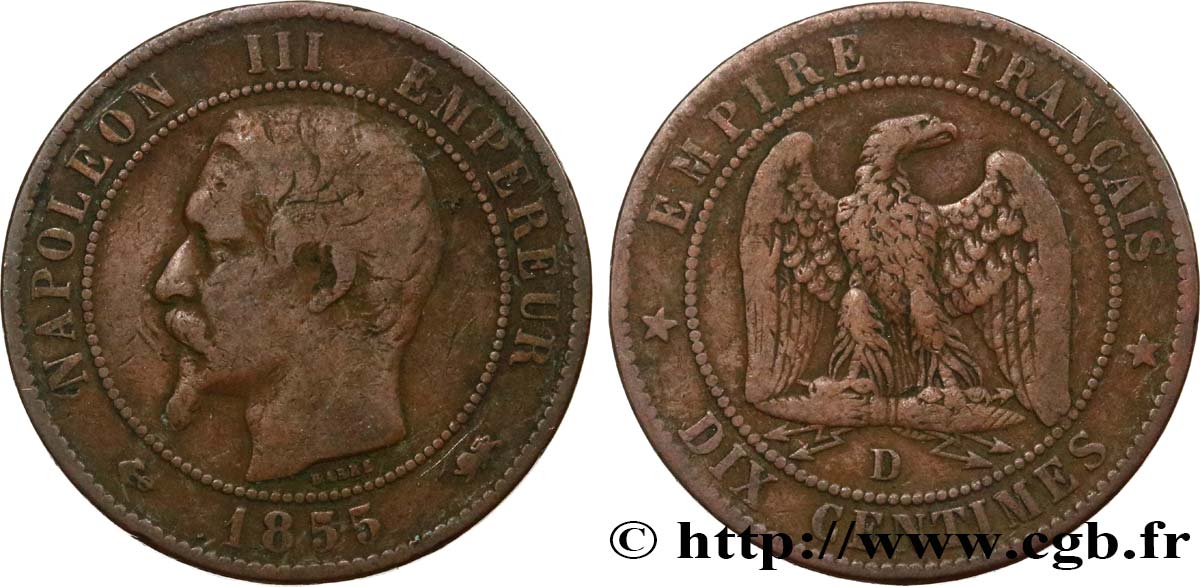 Dix centimes Napoléon III, tête nue 1855 Lyon F.133/26 BC20 