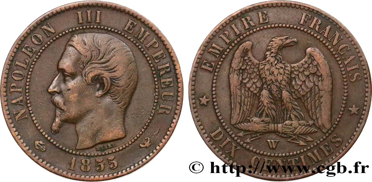 Dix centimes Napoléon III, tête nue 1855 Lille F.133/33 VF35 