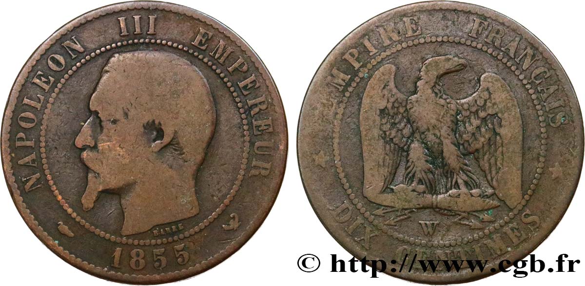 Dix centimes Napoléon III, tête nue 1855 Lille F.133/32 F12 