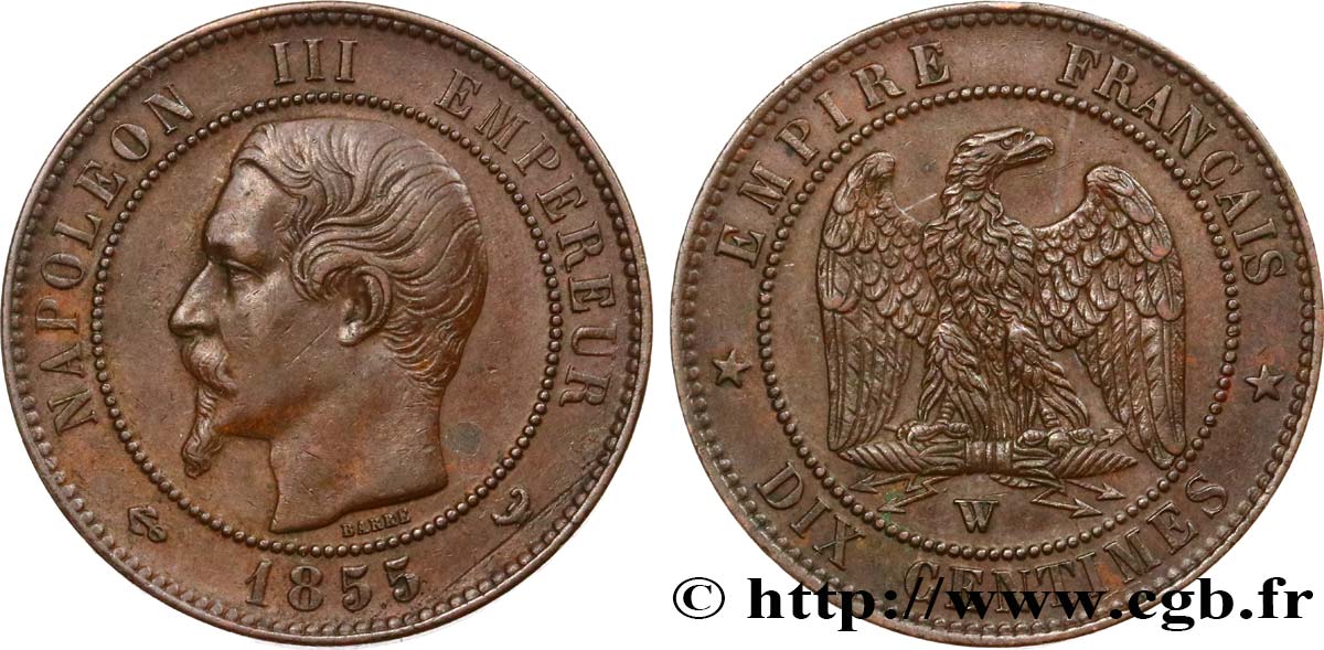 Dix centimes Napoléon III, tête nue 1855 Lille F.133/33 BB50 