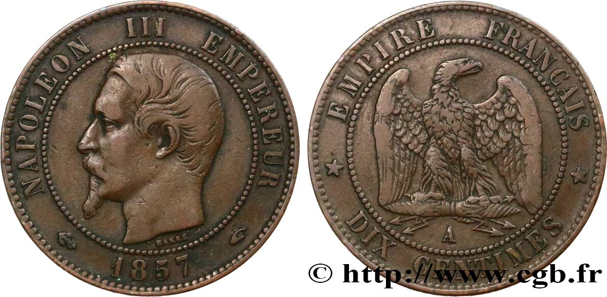 Dix centimes Napoléon III, tête nue 1857 Paris F.133/41 VF30 