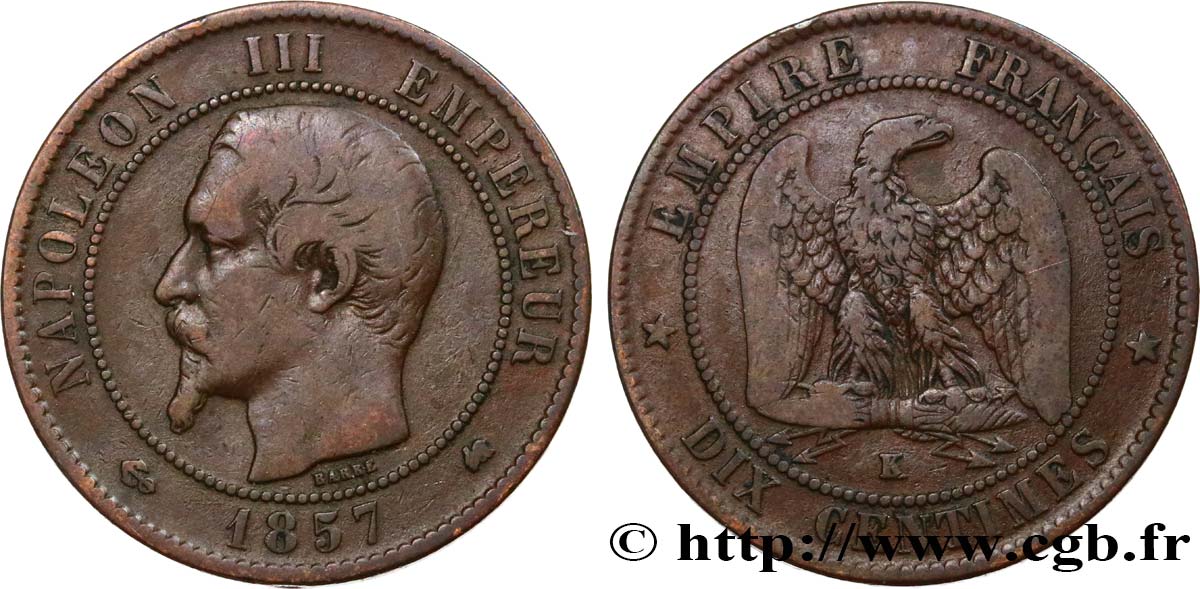 Dix centimes Napoléon III, tête nue 1857 Bordeaux F.133/44 VF20 