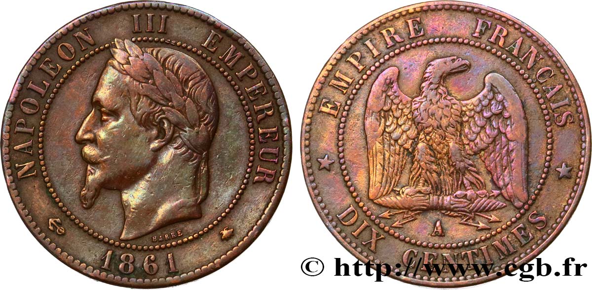 Dix centimes Napoléon III, tête laurée 1861 Paris F.134/4 VF 
