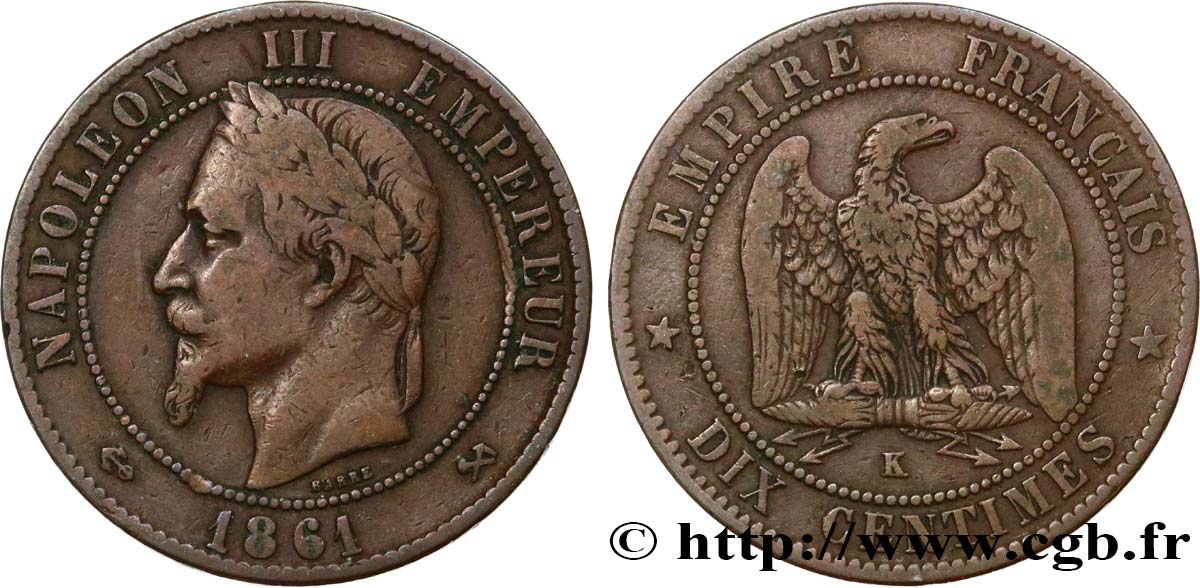 Dix centimes Napoléon III, tête laurée 1861 Bordeaux F.134/6 BC20 