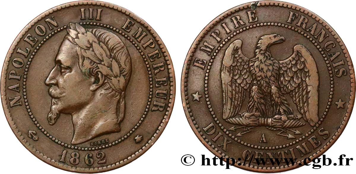 Dix centimes Napoléon III, tête laurée 1862 Paris F.134/7 VF35 