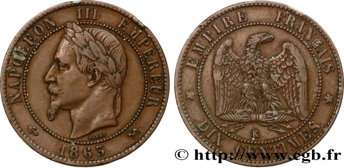Dix centimes Napoléon III, tête laurée 1863 Bordeaux F.134/12 TTB40 