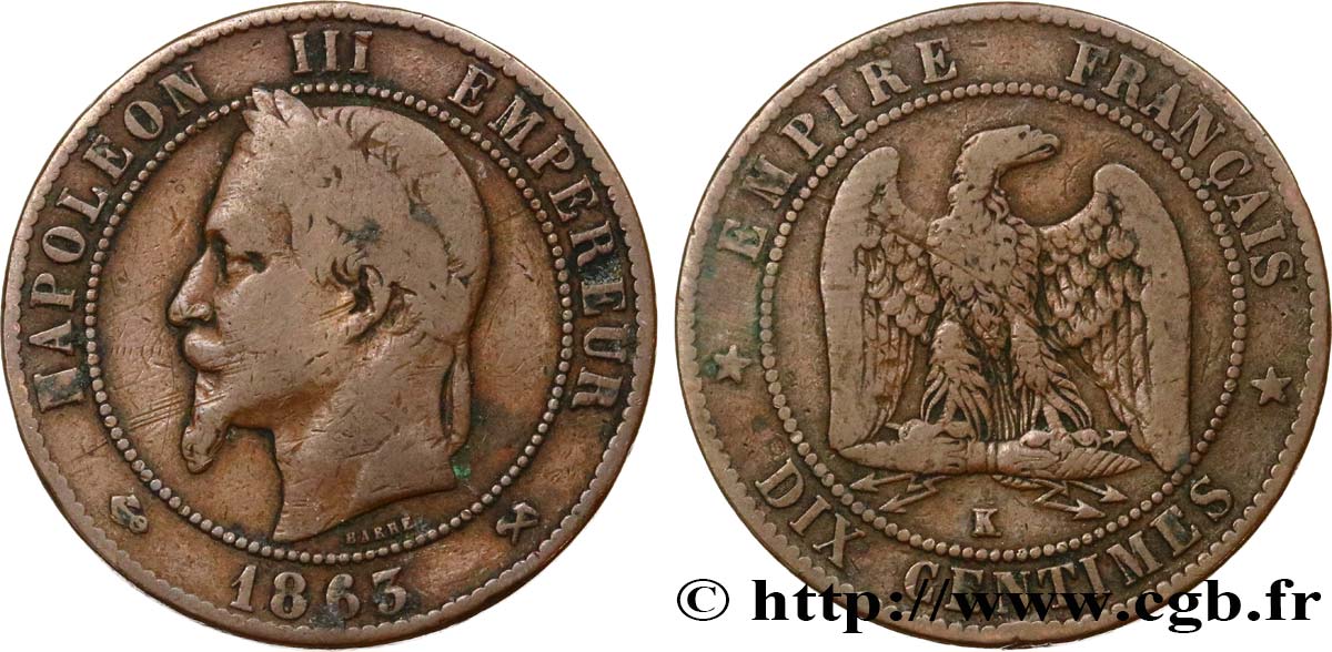 Dix centimes Napoléon III, tête laurée 1863 Bordeaux F.134/12 MB20 