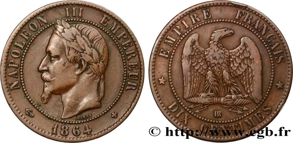 Dix centimes Napoléon III, tête laurée 1864 Strasbourg F.134/14 S35 