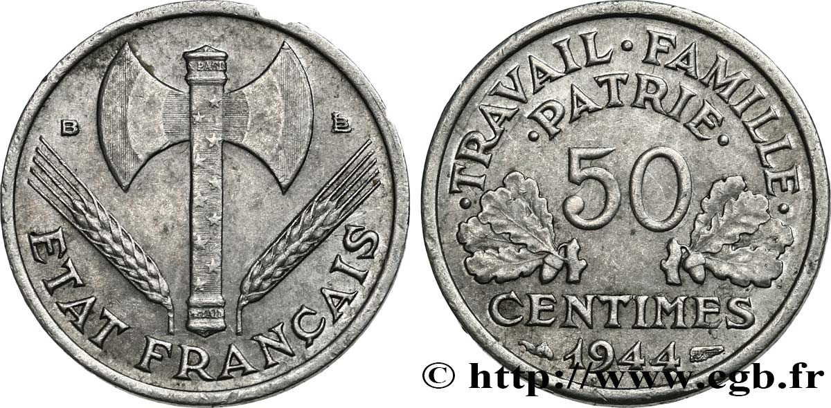 50 centimes Francisque, légère 1944 Beaumont-Le-Roger F.196/5 TTB50 