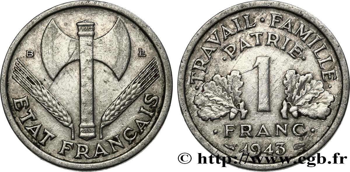 1 franc Francisque, légère 1943 Beaumont-Le-Roger F.223/4 TB+ 