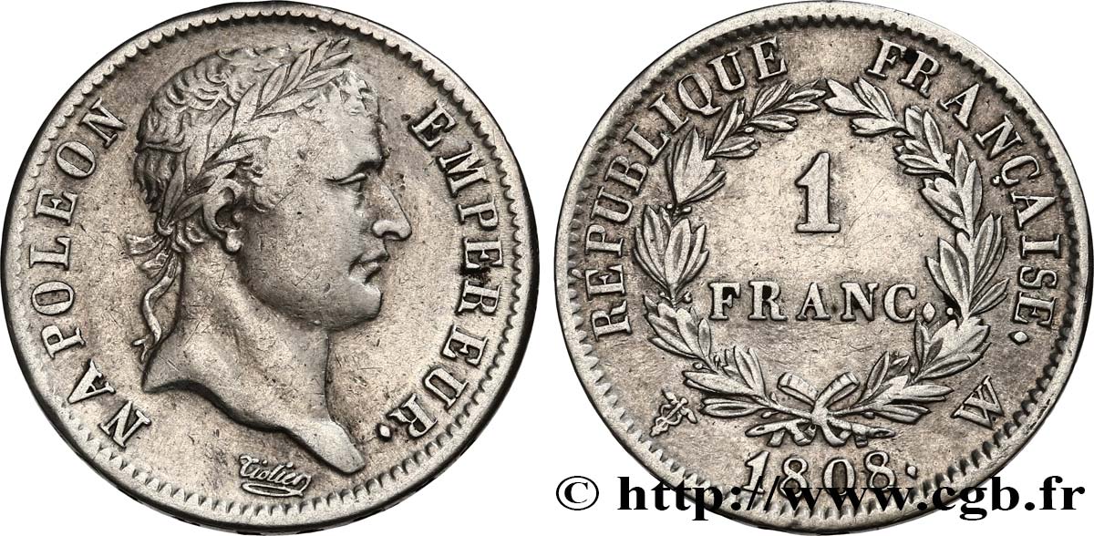 1 franc Napoléon Ier tête laurée, République française 1808 Lille F.204/15 TTB 
