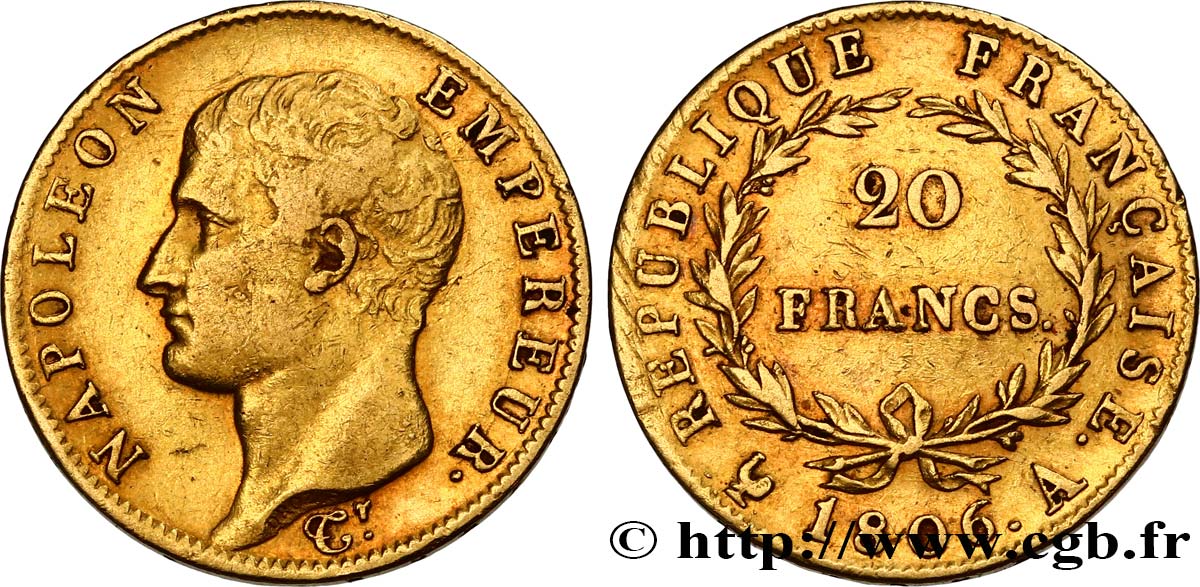 20 francs or Napoléon tête nue, Calendrier grégorien 1806 Paris F.513/1 TTB50 