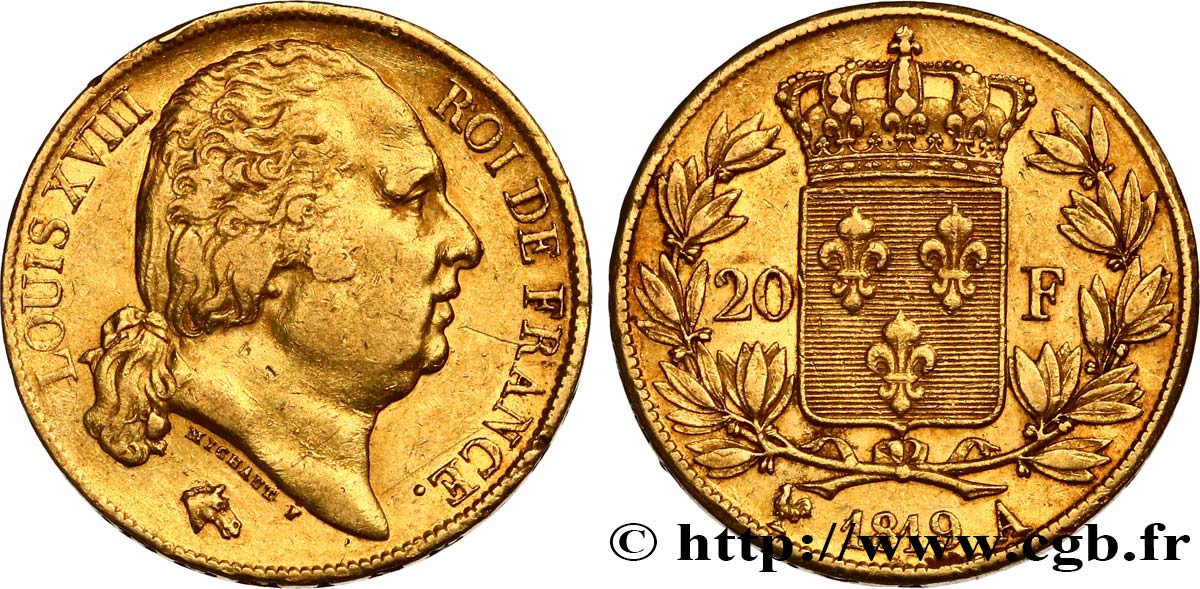 20 francs or Louis XVIII, tête nue 1819 Paris F.519/15 SS50 