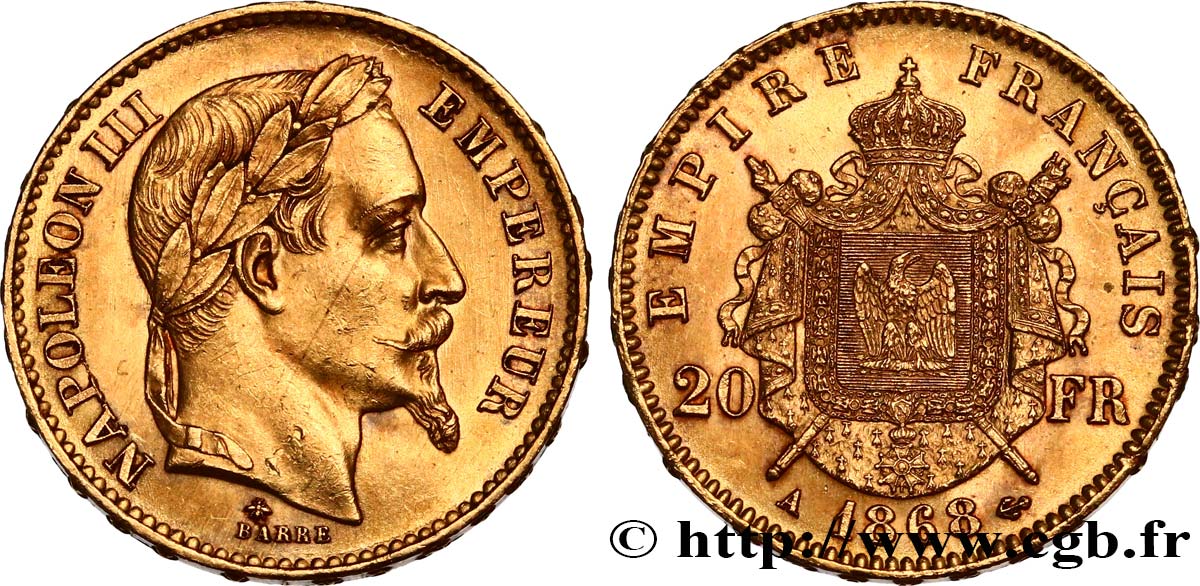 20 francs or Napoléon III, tête laurée 1868 Paris F.532/18 EBC60 