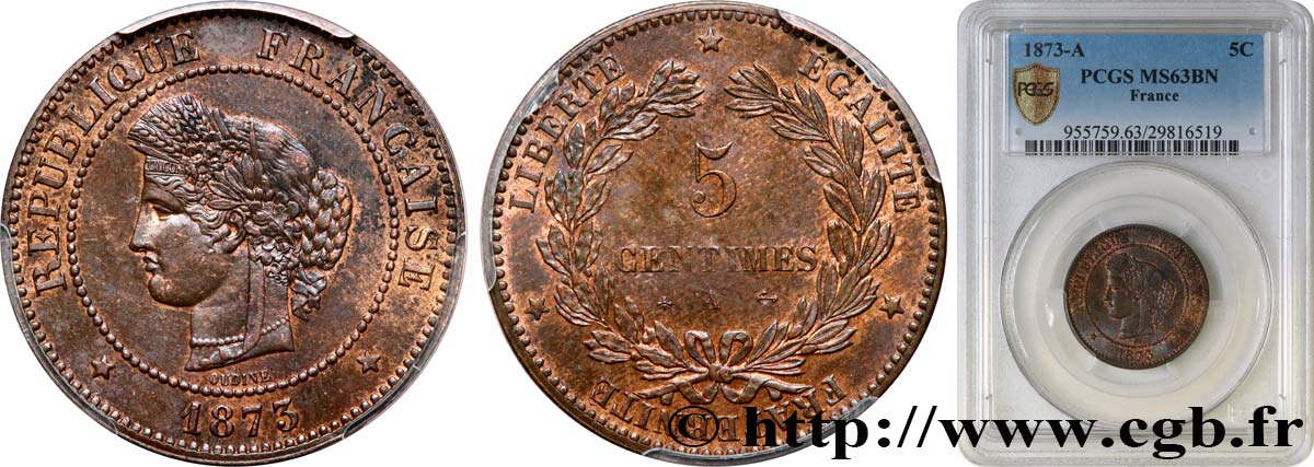 5 centimes Cérès 1873 Paris F.118/7 SPL63 PCGS