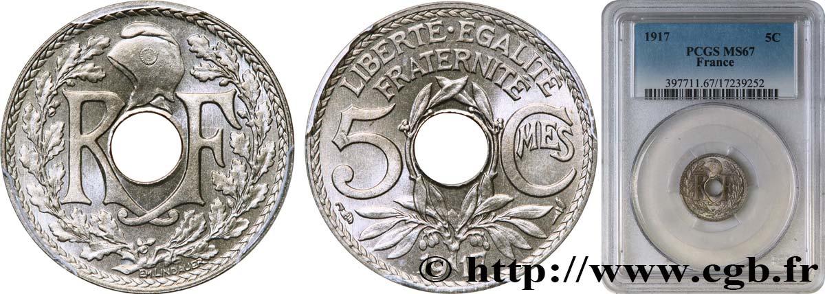 5 centimes Lindauer, grand module 1917 Paris F.121/1 MS67 PCGS