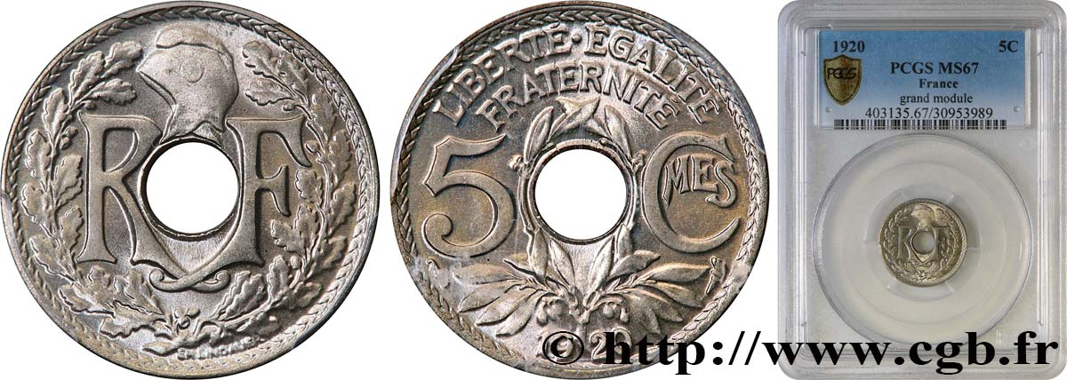5 centimes Lindauer, grand module 1920  F.121/4 MS67 PCGS