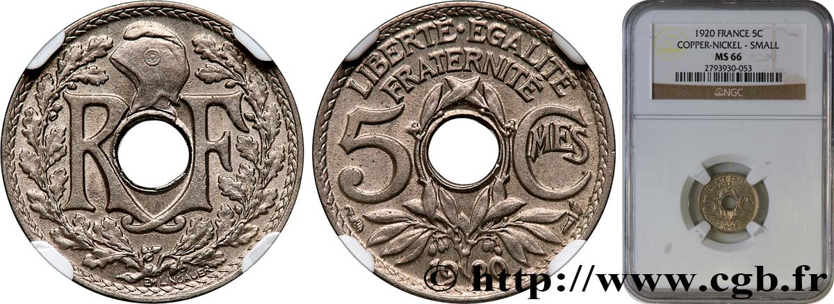 5 centimes Lindauer, petit module 1920  F.122/2 FDC66 NGC