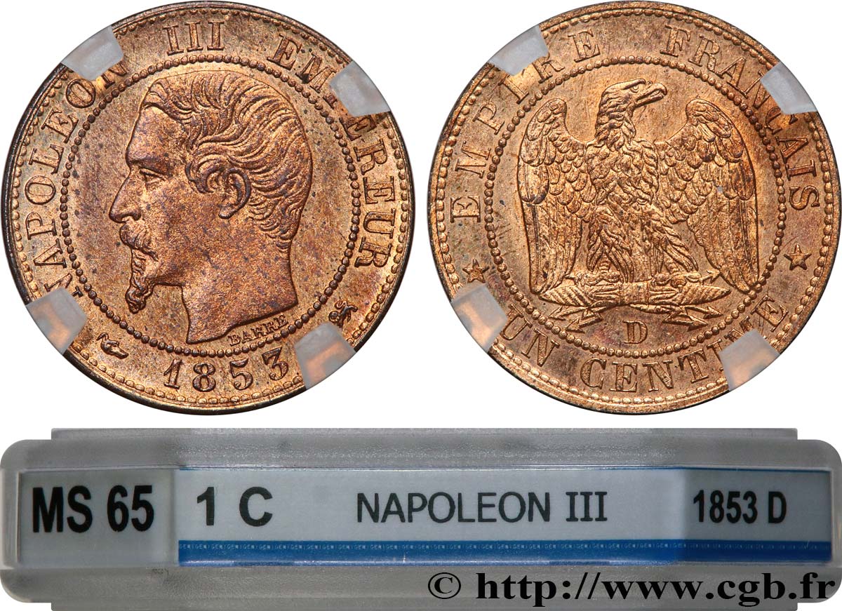 Un centime Napoléon III, tête nue 1853 Lyon F.102/4 MS65 GENI
