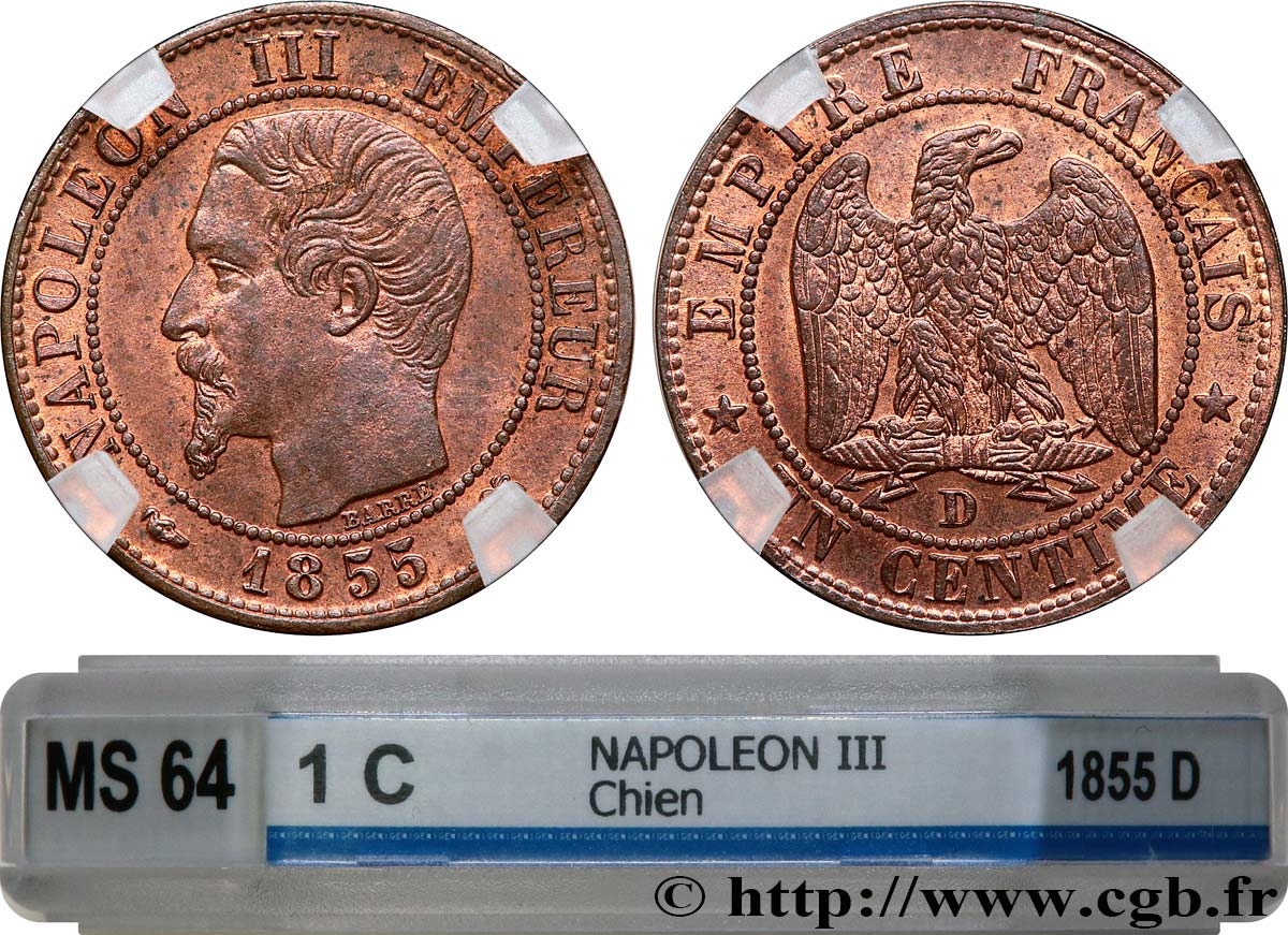 Un centime Napoléon III, tête nue 1855 Lyon F.102/19 MS64 GENI