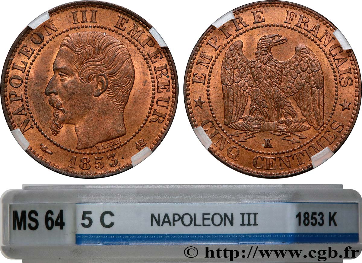 Cinq centimes Napoléon III, tête nue 1853 Bordeaux F.116/5 SPL64 GENI